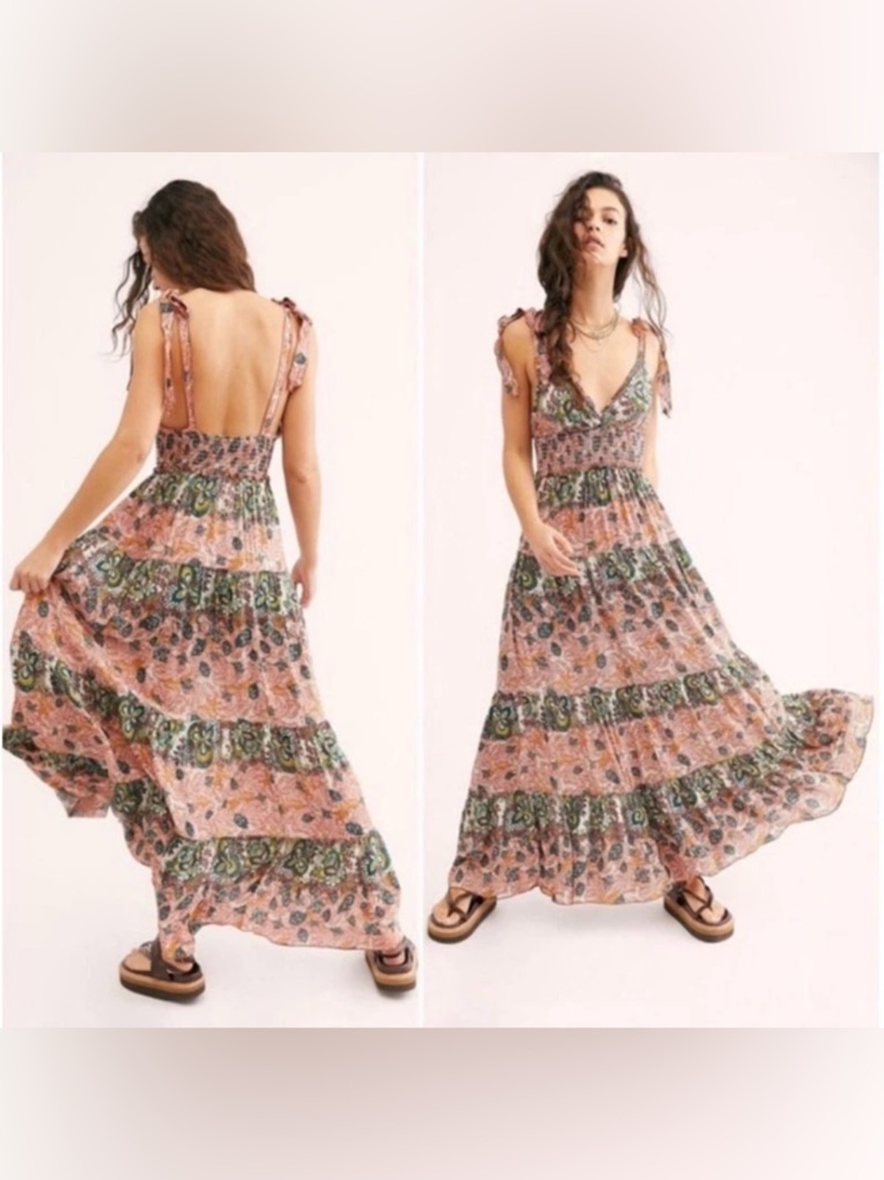 Free People Bohemian Let's Smock About It Floral Maxi Dress Beach Resort XS
